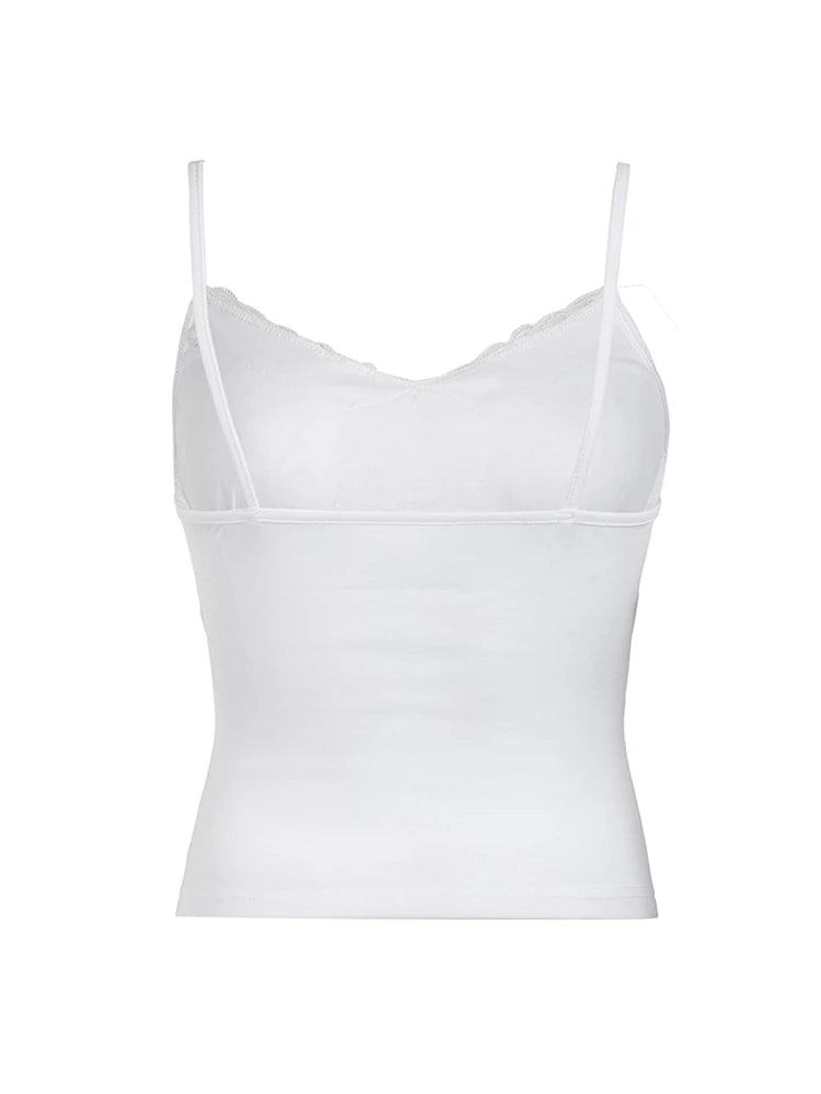 Black Solid Lace Patchwork Slim V Neck Basic Cute Camisole Women White Y2K Crop Top