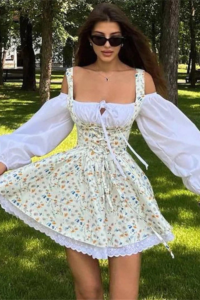 Lace Patchwork Square Collar Mini Dress