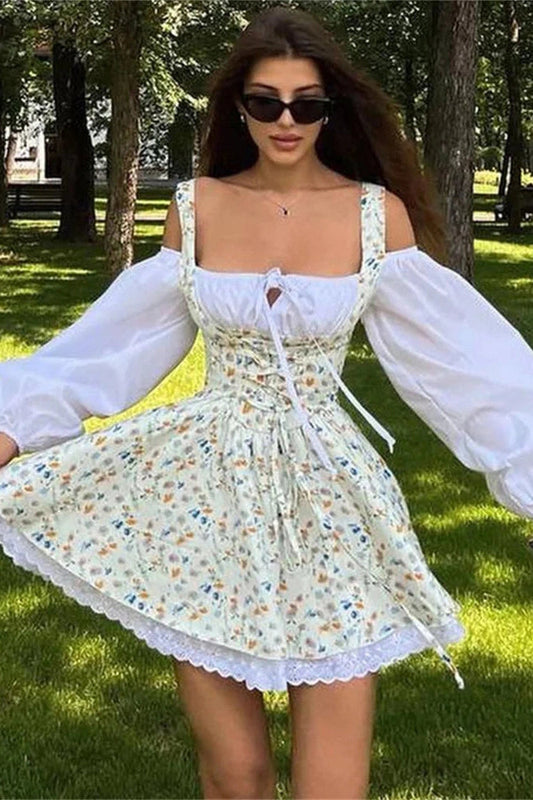 Lace Patchwork Square Collar Mini Dress