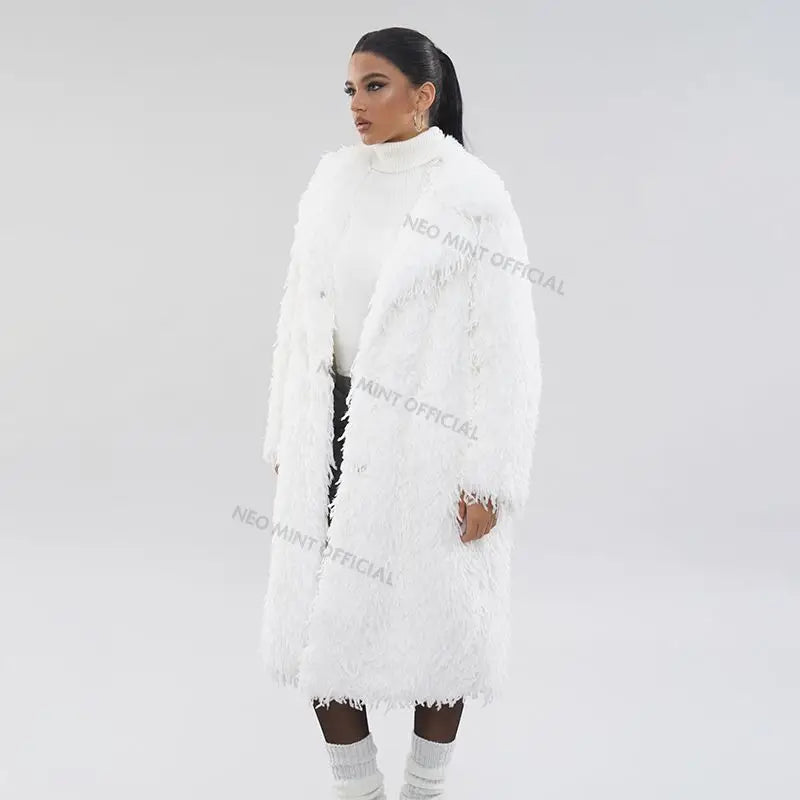 High Street Feathers Eco Fur Coat Women  Winter Lapel Faux Fox Fur Jacket Solid Long Fluffy Fur Overcoat Female