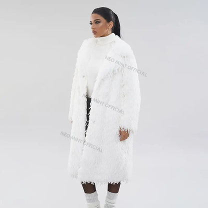 High Street Feathers Eco Fur Coat Women  Winter Lapel Faux Fox Fur Jacket Solid Long Fluffy Fur Overcoat Female