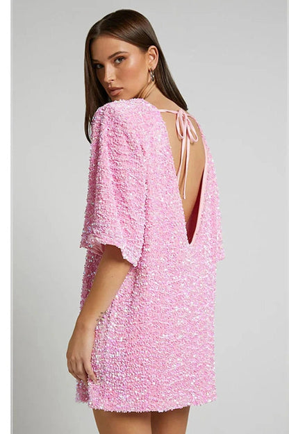 Backless Short-Sleeved Loose Mini Dress with Straps