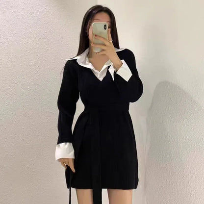 Korean Chic Mini Dresses Women Turn-down Collar Long Sleeve Shirt Patchwork Autumn Winter Knitted Dress Casual Fashion Vestidos