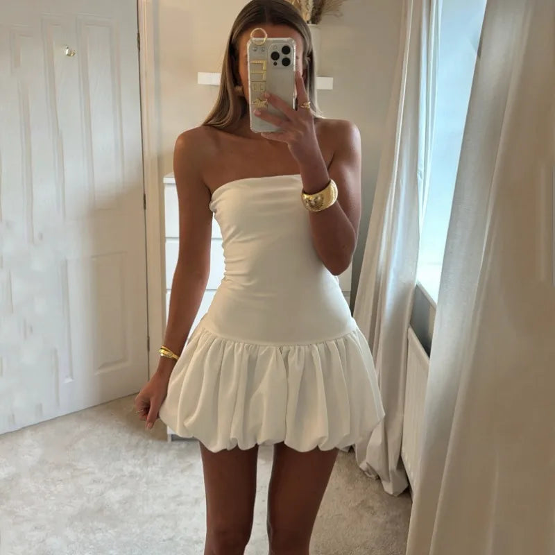 Contrast Color Mini Folds Dress For Strapless Slim Sleeveless Ruched Splice Y2K Beach FeClub Party Dress