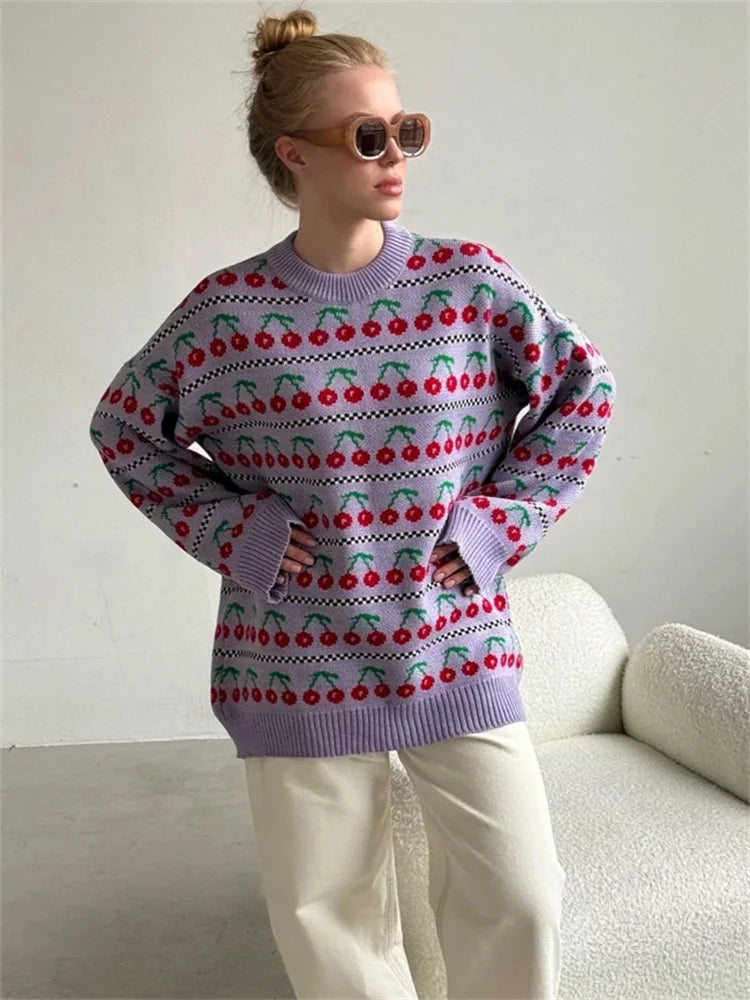 Printed Knit Sweater Pullover For Women Loose Patchwork Contrast Long Sleeve Vintage Fashion Top Knitwear Women’s Pullover