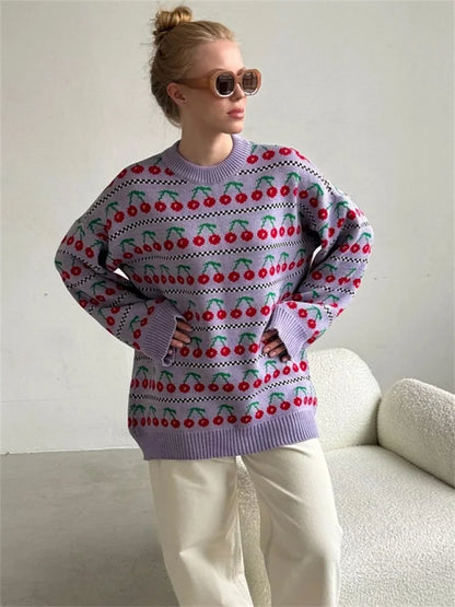 Printed Knit Sweater Pullover For Women Loose Patchwork Contrast Long Sleeve Vintage Fashion Top Knitwear Women’s Pullover