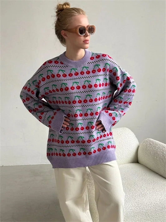 Printed Knit Sweater Pullover For Women Loose Patchwork Contrast Long Sleeve Vintage Fashion Top Knitwear Women’s Pullover