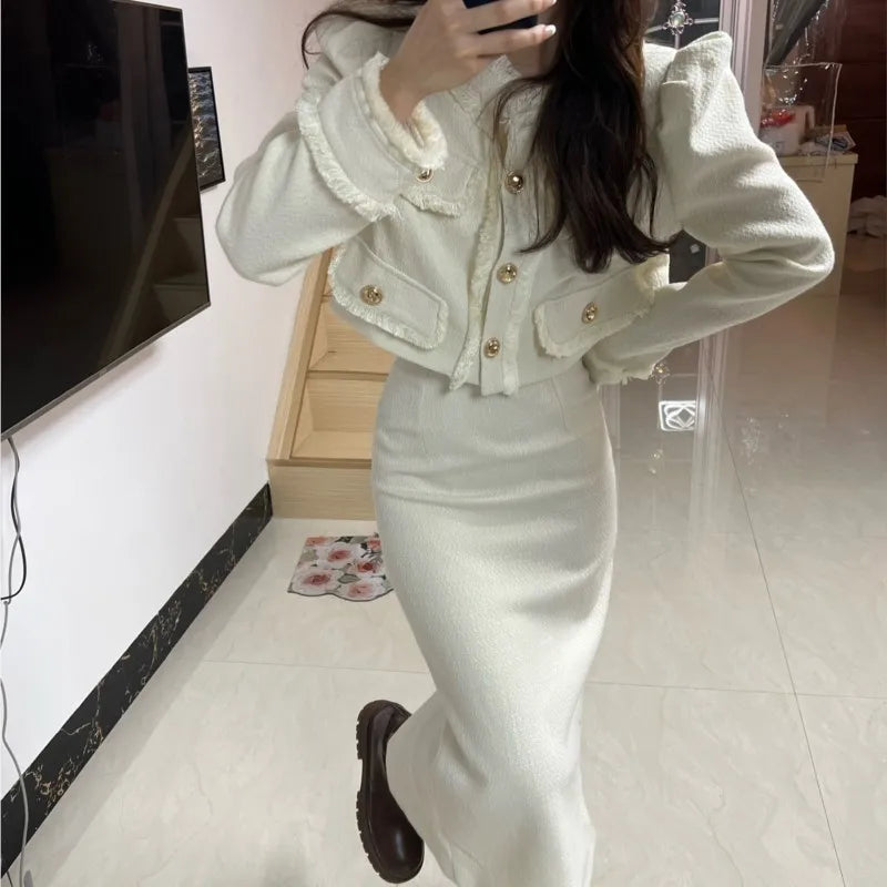 Korean Fashion Elegant Two-piece Skirt Sets Women Crop Jacket Coat Bodycon Midi Skirt Autumn Winter New Female Luxury Outfits