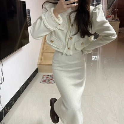 Korean Fashion Elegant Two-piece Skirt Sets Women Crop Jacket Coat Bodycon Midi Skirt Autumn Winter New Female Luxury Outfits