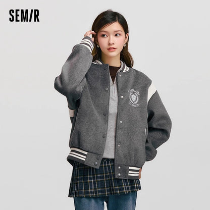 Coat Women Embroidery Patchwork Contrast Color Loose Jacket  New Winter Imitation Woolen Baseball Jacket