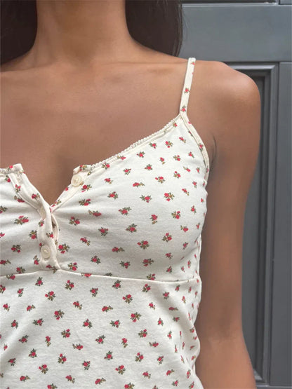 FashionSierra - 2025 Vest Sleeveless Strap V-neck Buttons Up Floral Print Casual Tank Party Street Spring Summer Camis Crop Tops