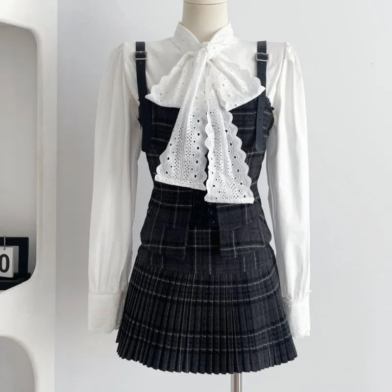 Autumn Korean Retro Sweet 3 Piece Set Women White Shirt + Strap Vest + Pleated Skirt Design College Style Fashion Y2k Suit