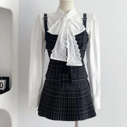 Autumn Korean Retro Sweet 3 Piece Set Women White Shirt + Strap Vest + Pleated Skirt Design College Style Fashion Y2k Suit