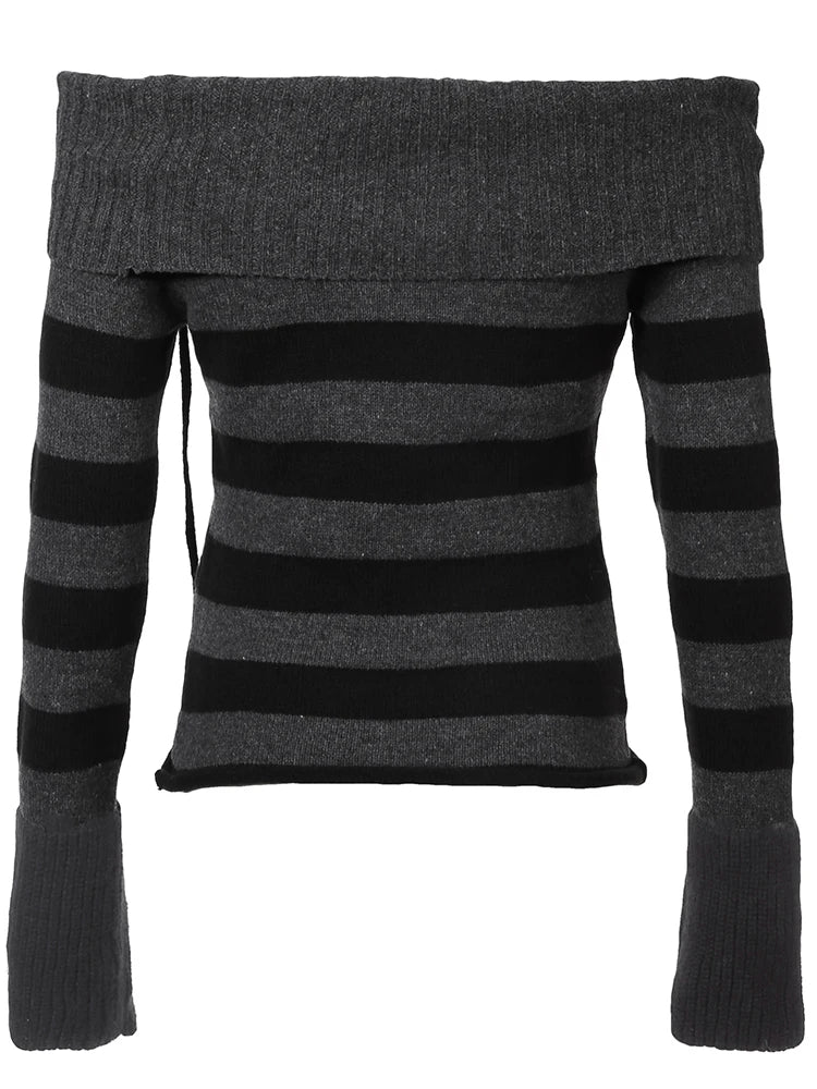 Off Shoulder Slim Knitted Stripe Jumper Women Lace-Up Slash Neck Long Sleeve Sweater Tee Korean Fashion Street Knittwear