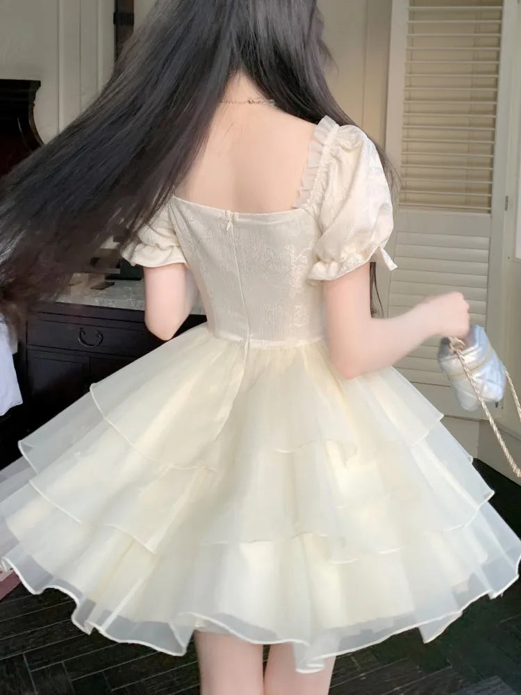 Elegant Mesh Layered Ruffles A-line Short Dresses for Women Square Collar Princess Birthday Party Dress Gown One Piece Vestido