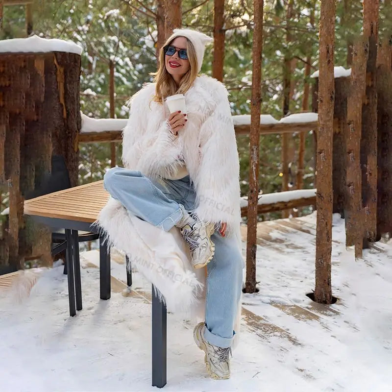 Long Eco Turkey Fur Coat Women  Winter Luxury Fashion Tassels Faux Fur Jacket Thick Warm Fluffy Outerwear Overcoat