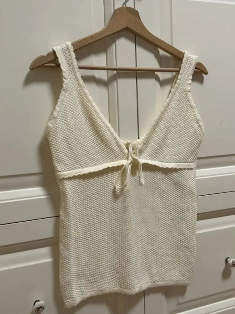Retro Deep V Neck Crop Top Y2k Ruffle Vintage Tank Tops WoTie Up Bow Knitted Woman Backless Cute Tops New