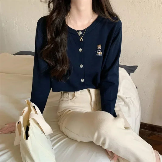 Spring Autumn Women’s Knitted Cardigan  Korean Single Breasted Long Sleeve Jumper Woman Chic Round Neck Cardigans Outwear