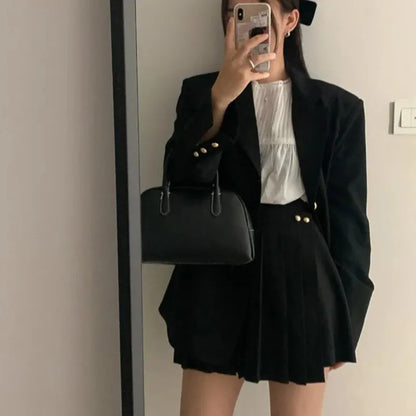 Korean Chic Two-piece Skirt Set Women Single Breasted Blazer Loose Jacket Solid Pleated Mini Skirt Autumn Office Lady Outfits
