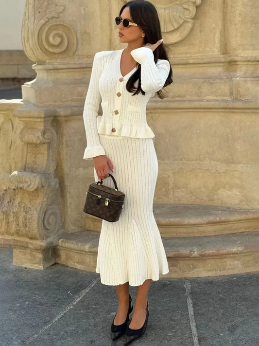 Ruffle Slim Knitted Dress Women&#8217;s V Neck Long Sleeve Mermaid Long Dresses Elastic Button Patchwork Elegant Party Dress