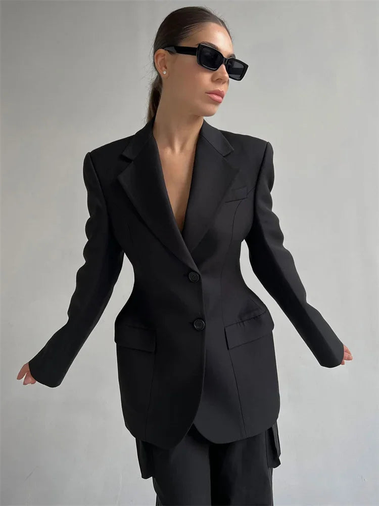 Black Lapel Suit Outwear For Women Pocket Long Sleeve Elegant Commute Patchwork Coat Female High Waist Autumn Blazers 2025