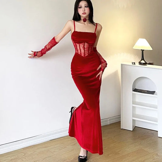 Sexy Bodycon Velvet Dresses for Women Spaghetti Strap Corset Slim Waist Slit Evening Party Dress Prom Robe Christmas Vestidos