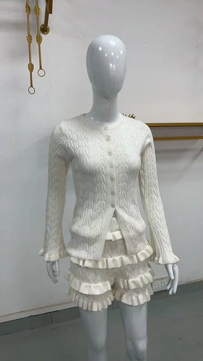 White Ruffles Knit Short Two Piece Sets Spring Summer Long Sleeve Cardigan Short Sets Y2K Fashion Holidays Matching Sets 2025