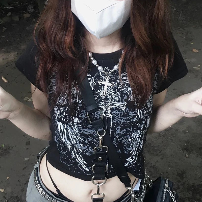 90s Harajuku printed T-shirt short sleeved tight top women&#8217;s Y2K street wear exposed navel top