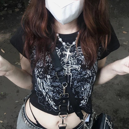 90s Harajuku printed T-shirt short sleeved tight top women&#8217;s Y2K street wear exposed navel top