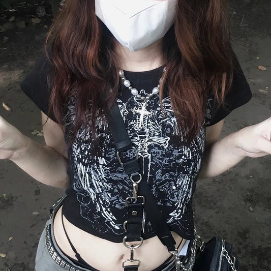 90s Harajuku printed T-shirt short sleeved tight top women&#8217;s Y2K street wear exposed navel top