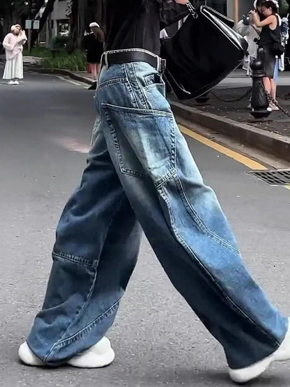 Fashionable High Street Straight Loose Jeans Simple Pocket Loose Wide-leg Jeans Harajuku Style Hip Hop Y2k Pants Baggy Pants