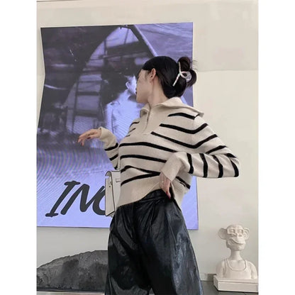 Women’s Autumn Winter New Fashion Retro Lapel Half Zipper Contrasting Stripes Sweater Casual Long Sleeved Loose Knitted Coat