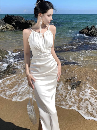 Elegant Bodycon Satin Dresses for Women Halter Sleeveless Slim Mermaid Evening Party Dress Prom Robe Summer New Vestidos Mujer