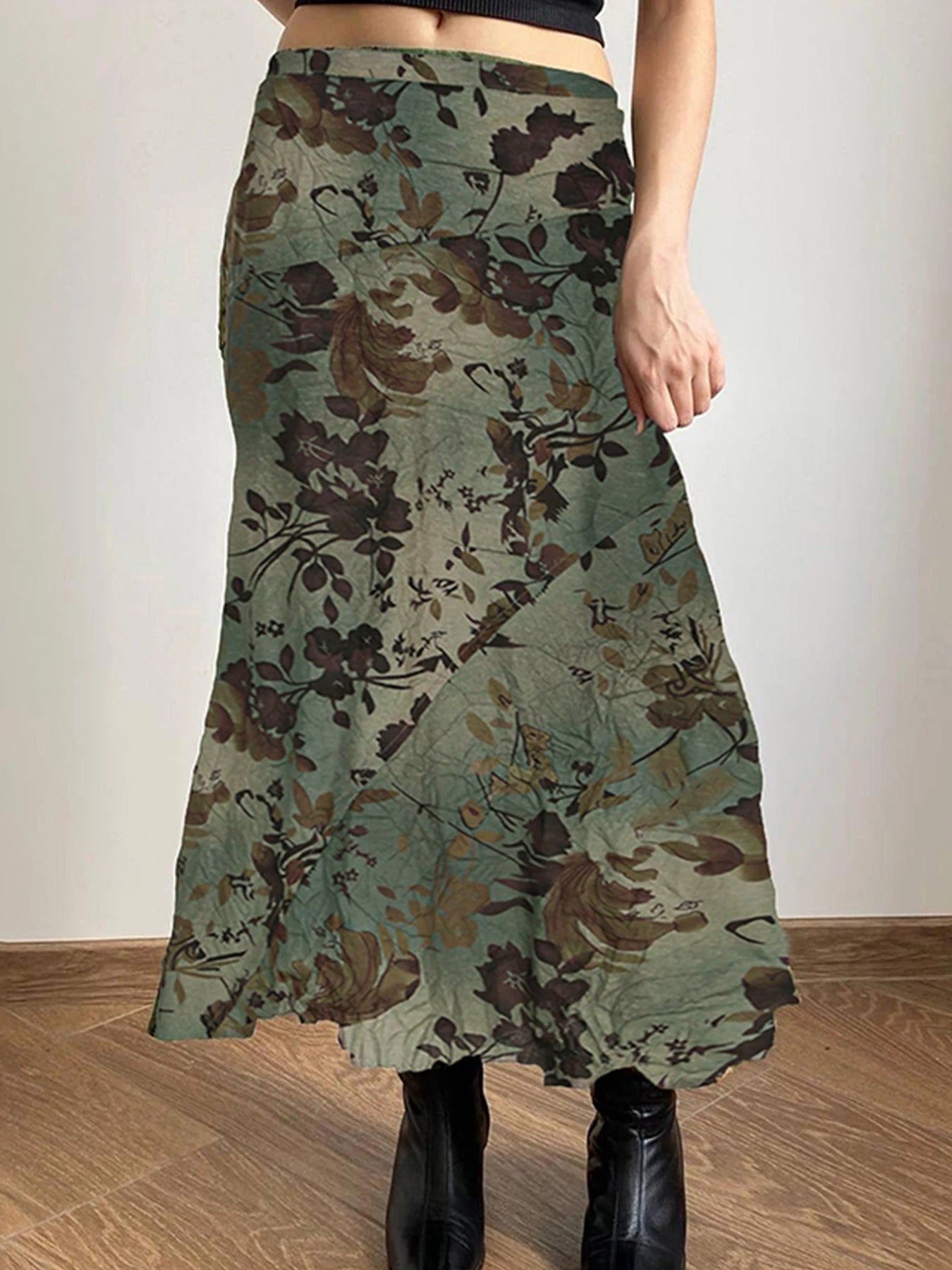 Forest Green Y2K Aesthetic Plant And Flower Print Long Skirts Womens Elegant Vintage Clothing