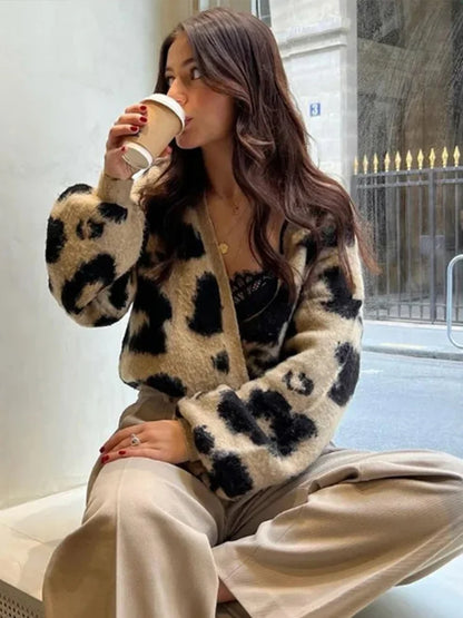 Retro Knitted Leopard Cardigan Women Casual V-neck Soft Open Sweaters Female Autumn Versatile Elegant High Street Knitwear
