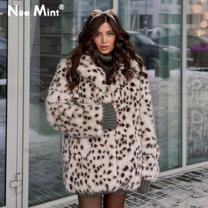 Exclusive Long Brown Leopard Fox Fur Coat Women Winter  New Luxury Hot Brand Fashion Girls Faux Fur Jacket Overcoat