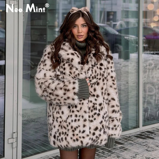 Exclusive Long Brown Leopard Fox Fur Coat Women Winter  New Luxury Hot Brand Fashion Girls Faux Fur Jacket Overcoat