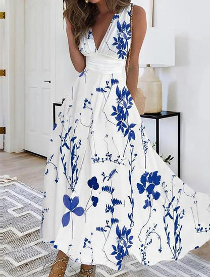 Summer Flower Printed Sleeveless Long Dresses Sexy V-neck Elegant Lady Party A-line Dress Fashion Chic Maxi Evening Vestidos New