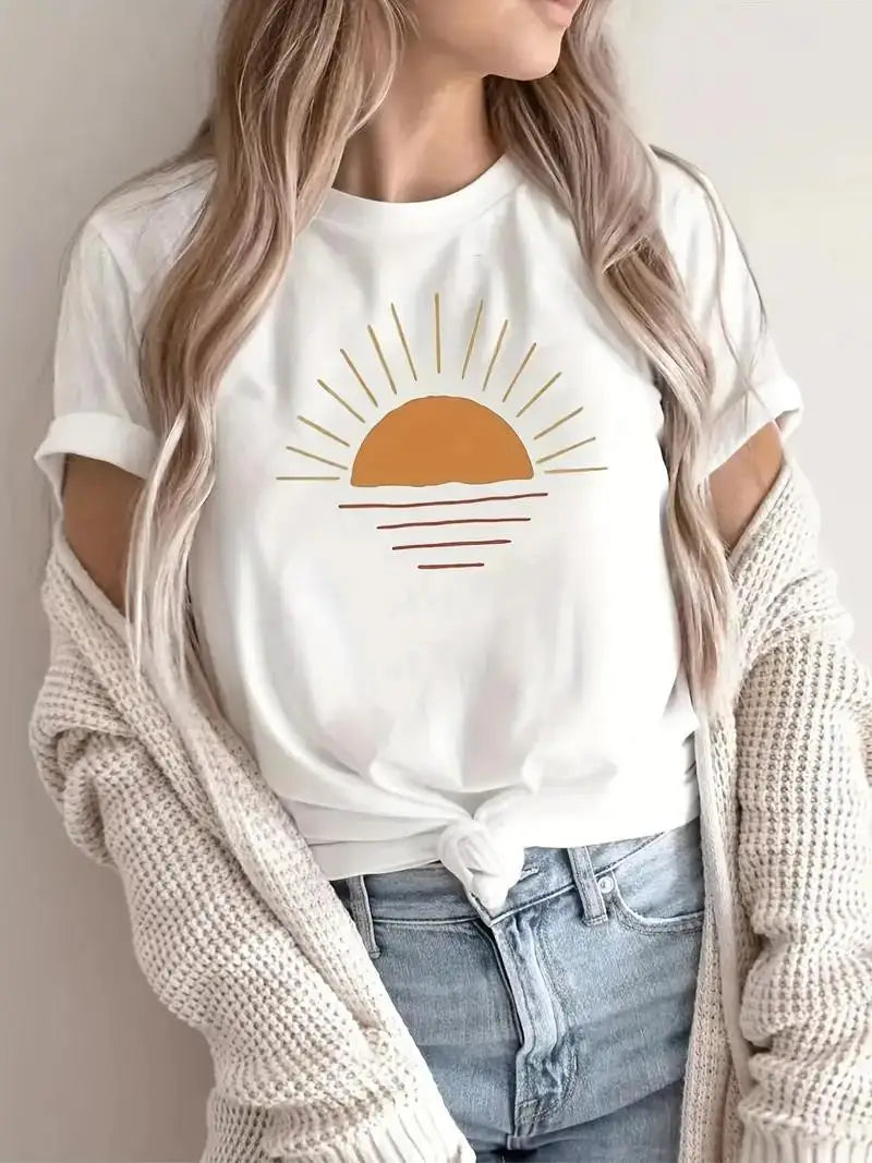 Creative Sun Printing T-shirt Women Hip Hop Summer Tops Crewneck All-Match Short Sleeve Cotton Comfortable Female Clothing