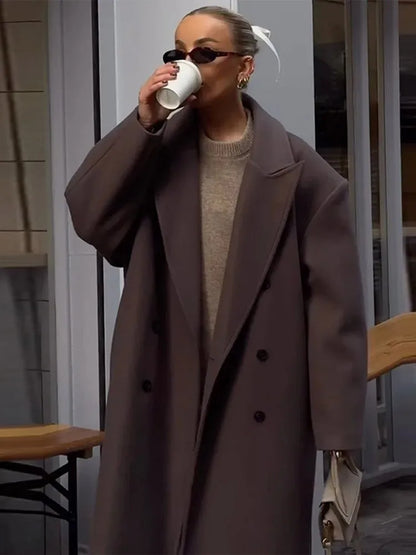 Casual Brown Wool Long Coats for Women Loose Turn Down Collar Double Breasted Female Overcoat Autumn Winter Street Lady Outwear