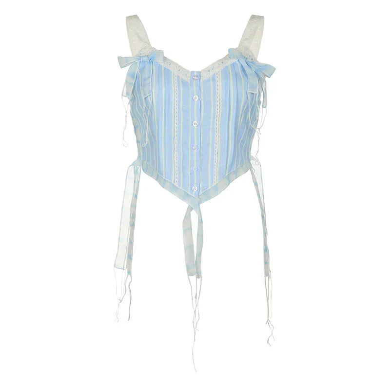Voguable Kawaii Lace Stitching V-neck Striped Irregular Crop Top Baby Blue Fairy Button-up Sleeveless Top Y2K Japanese Style Top