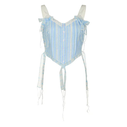 Voguable Kawaii Lace Stitching V-neck Striped Irregular Crop Top Baby Blue Fairy Button-up Sleeveless Top Y2K Japanese Style Top