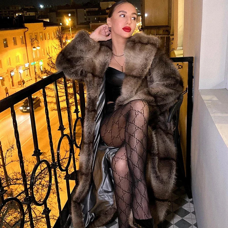 Luxury Brand Furry Faux Fox Fur Coat Women  Winter Super Warm Fluffy Fur Jacket Female High Street Long Overcoat