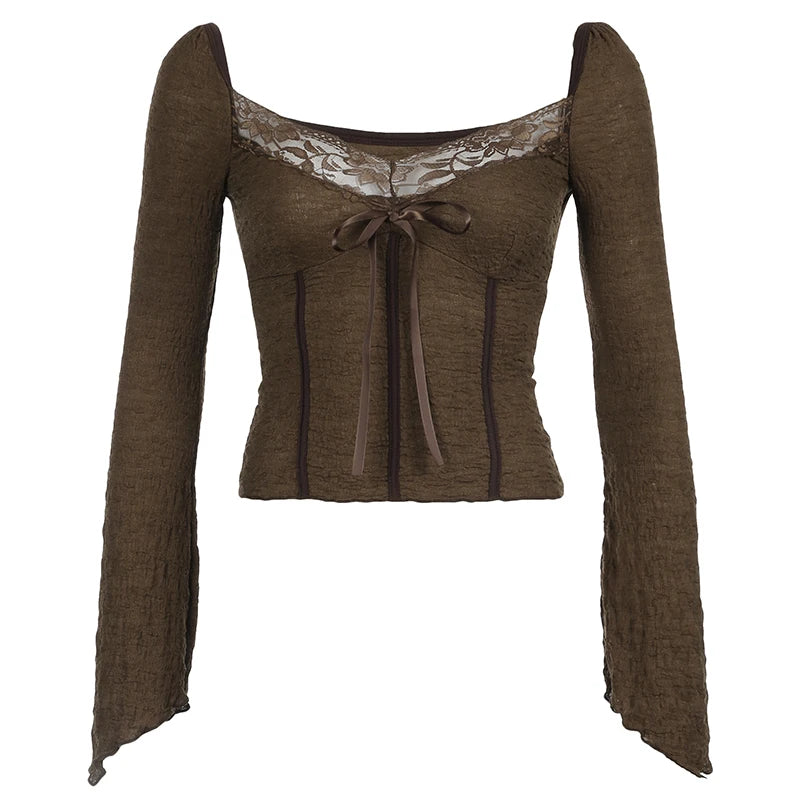 Hotsweet Lace Trim V-Neck Brown Long Sleeve Blouses Bow Lace Up Flared Sleeve Slim Chic Y2k Autumn New T-Shirt