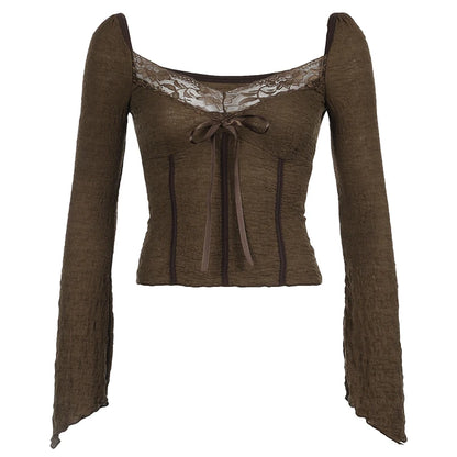 Hotsweet Lace Trim V-Neck Brown Long Sleeve Blouses Bow Lace Up Flared Sleeve Slim Chic Y2k Autumn New T-Shirt