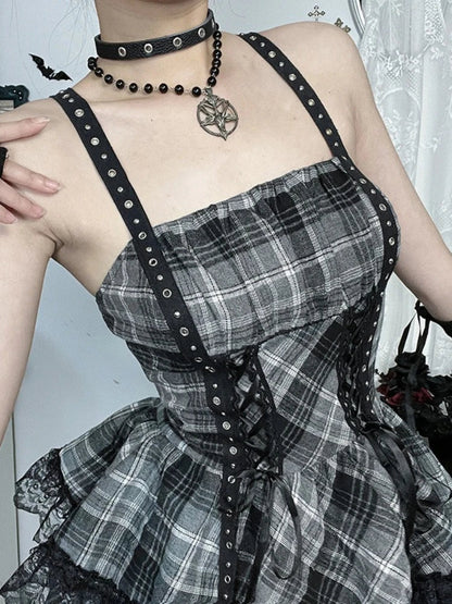 Eyelet Lace Plaid Patchwork High Waist Cake Mini Dress