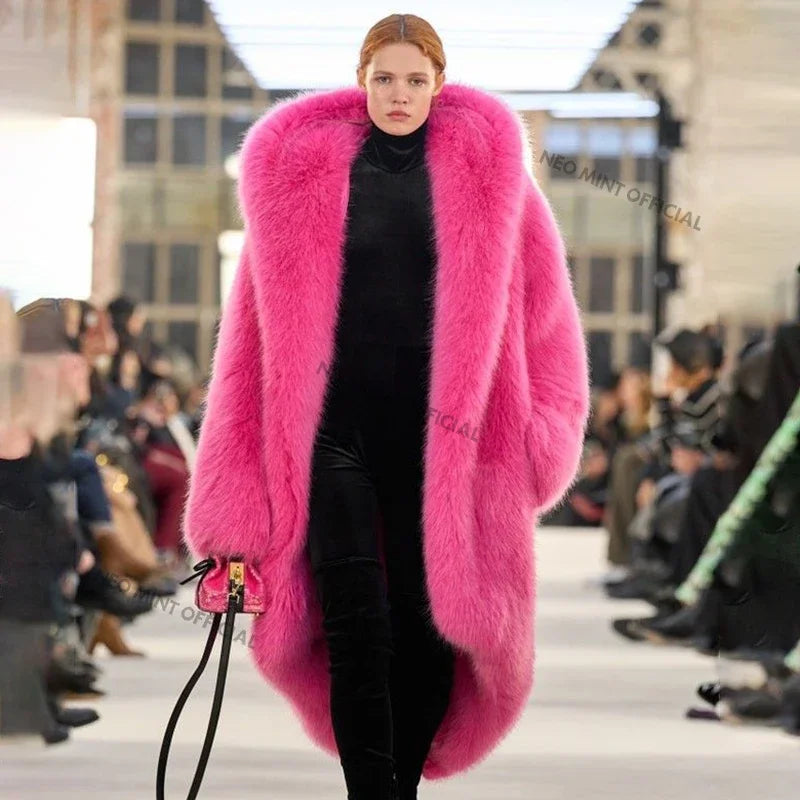 Women Luxury Brand Runway Fashion Long Hooded Faux Fur Coat Jacket Ins Nicki Minaj Neon Green Chunky Overcoat Outerwear