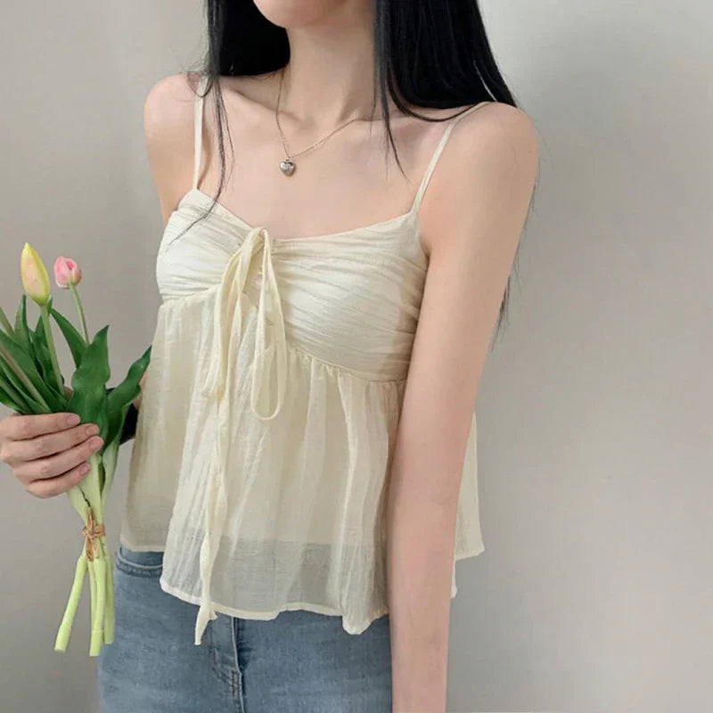 Voguable  Korean Style Sweet Fluffy Camis A-line Lace-up Double Layers Crop Top Y2K Aesthetic Tank Tops Holiday Cute Vest Women