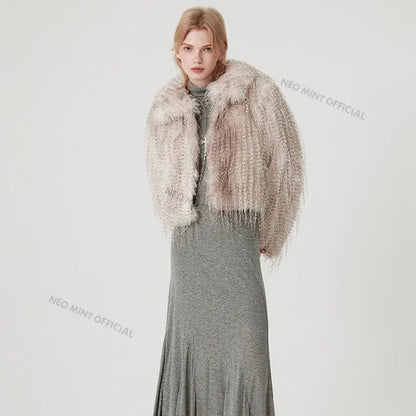 Exclusive Designer  Winter Gradient Faux Peacock Fur Coat Women Furry Tassels Fur Jackets Chic Y3k Girls Outerwears