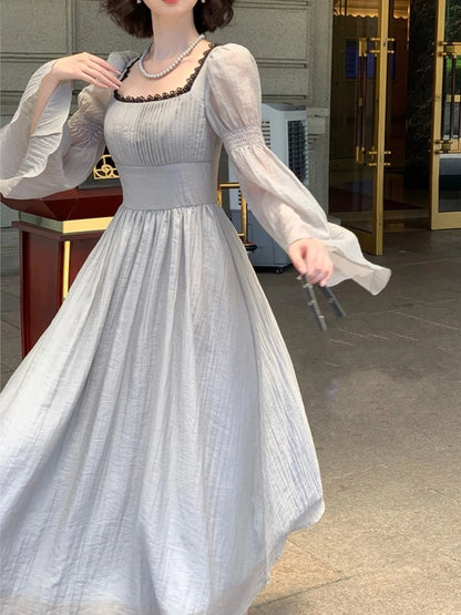 Autumn Princess Midi Dresses for Women Square Collar Flare Sleeve A-line Party Dress Slim Waist Korean One Piece Vestidos New